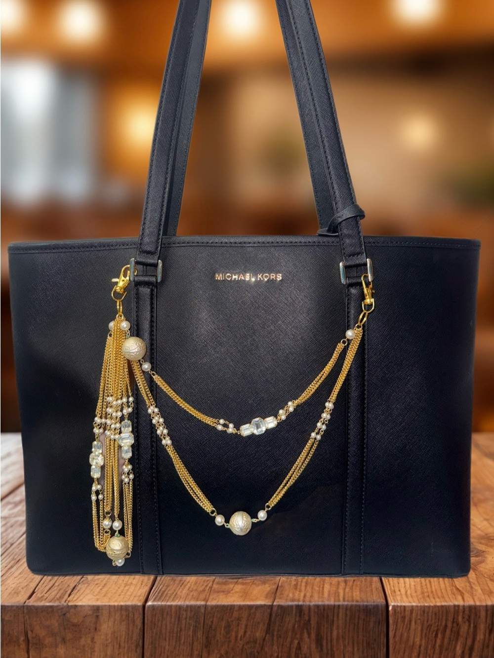 Bag Chain 14.5” 2 Layered Gold Chain with Faux Pearl and Crystal Accents